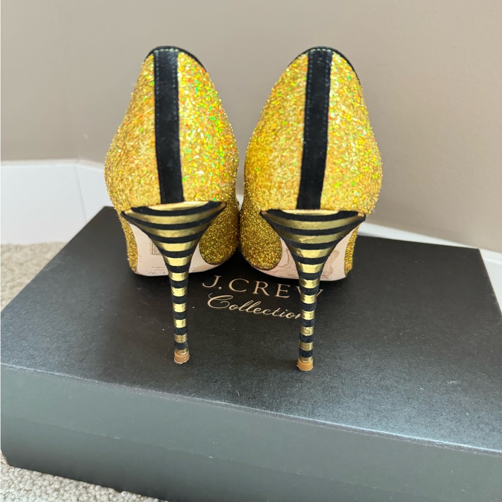 J. Crew Gold Glitter Striped Stiletto Heels